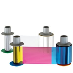 Colorful printer ribbon rolls on display.