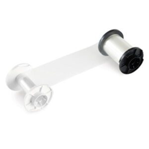 Clear film ribbon on black and white spools.