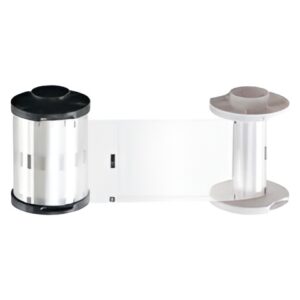 Printer ribbon with black and clear spools.