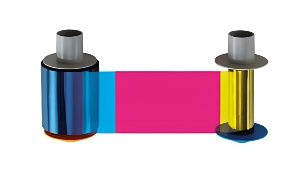 CMYK color printer ribbon on spools.