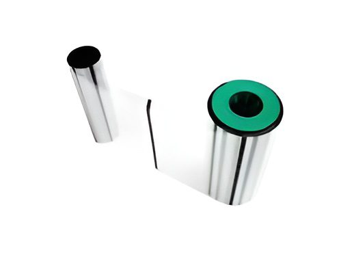 Black and silver thermal transfer ribbon roll.