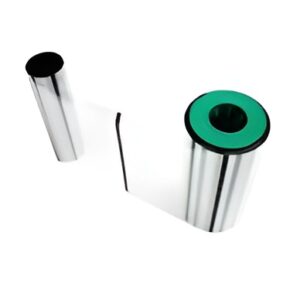 Metallic ribbon roll with green core.