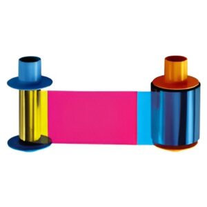 Colorful printer ribbon with multiple hues.