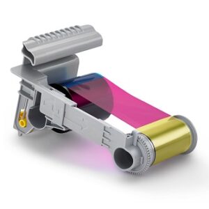 Color printer ribbon cartridge on white background.