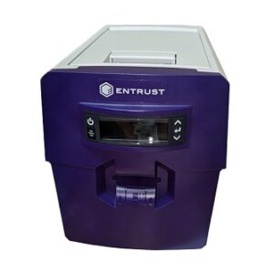 A compact Entrust card printer with a purple front panel and control buttons.