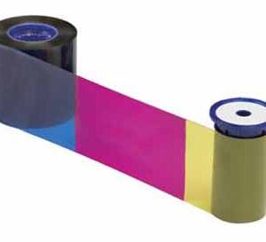 A roll of color printer ink ribbon showing cyan, magenta, and yellow sections.